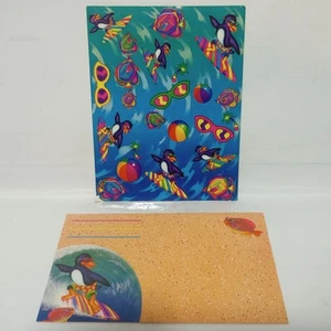 RARE 80s 90s VINTAGE LISA FRANK SURFING PENGUIN BEACH FISH STICKERS POSTALETTE - Picture 1 of 7