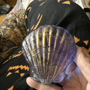 Art Glass Iridescent Light Blue Scallop Shell Paperweight  3.5” Beach - Picture 1 of 14