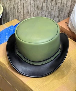 Green black Leather Top Hat: Steampunk Gothic Victorian cosplay costume hat - Picture 1 of 4