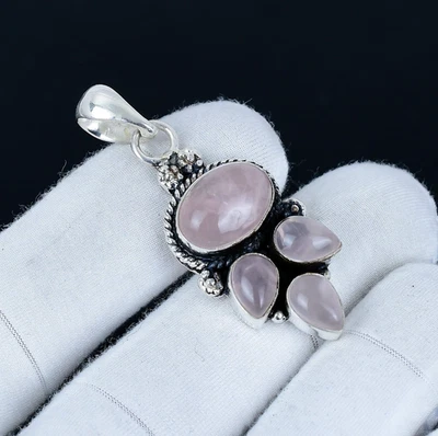 Rosa Quarzo Rosa Gemma Ciondolo 925 Argento Sterling Gioielli Per Donna Regalo - Immagine 1 di 4