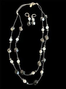 Vtg Kirks Folly Black & Silver Double Strand Beaded Necklace Dangle Earrings - Picture 1 of 6