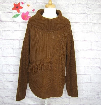 CALVIN KLEIN 尺寸 L 棕色流苏混合粗针织圆领毛衣 全新! — 第 1/4 张图片