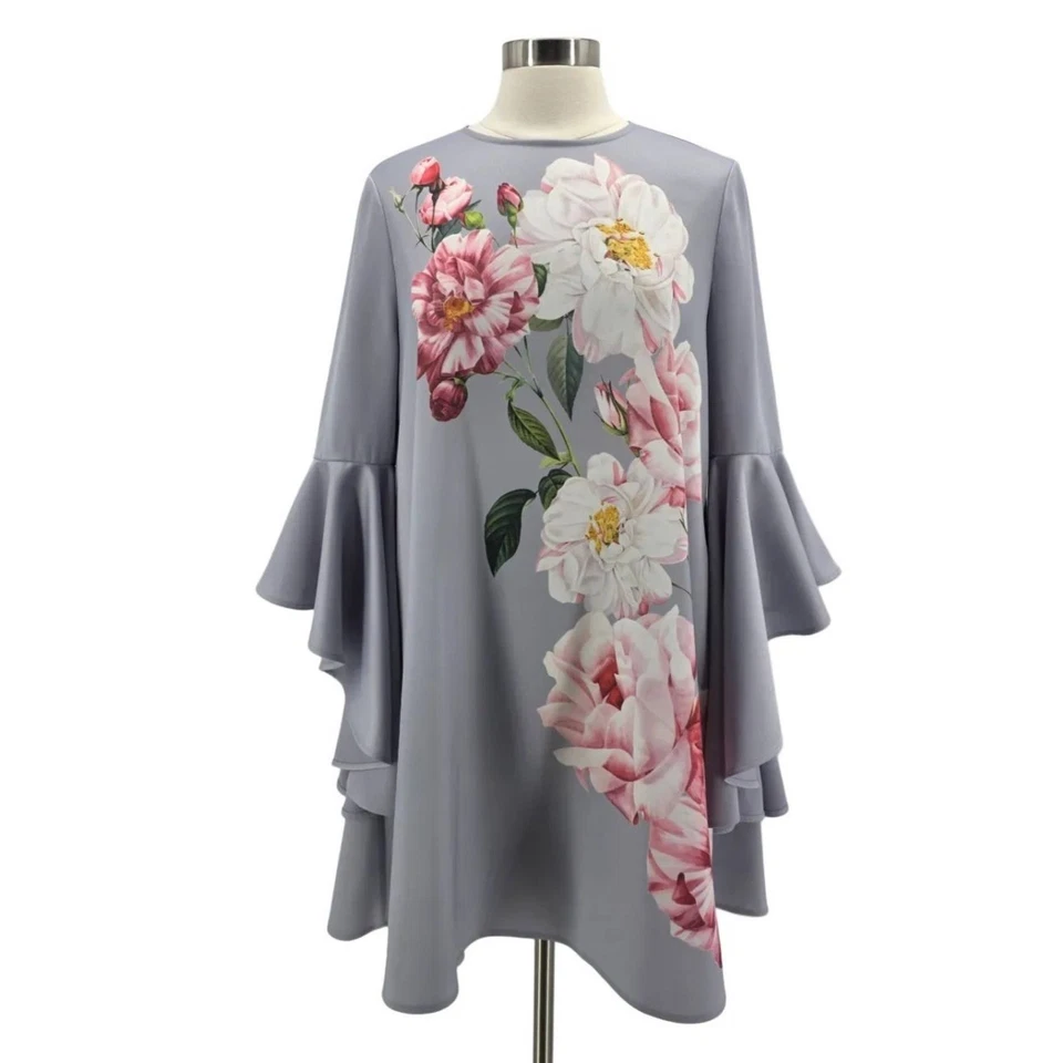 Ted Baker London Womens 8 Dress Sayda Iguaza Bell Sleeve Floral Gray Mini Shift - Image 1 of 4