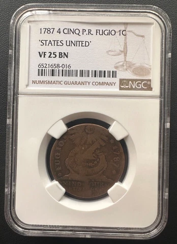 1787 Fugio Copper Cent STATES UNITED 4 Cinq P.R. Fugio NGC VF 25 Brown Cover