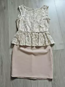 Miss Selfridge Nude Gold & Cream Peplum Dress Sequin Lace Top Wedding Party UK10 - Picture 1 of 6