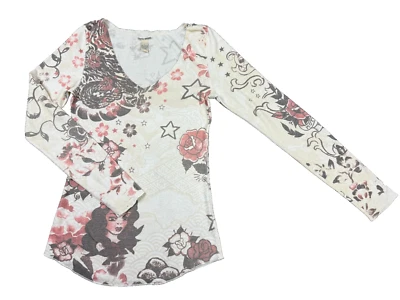 Vintage Lucky Brand Thermal Top Womens L Y2K Dragon Roses Stars Tattoo Graphic - Image 1 of 4