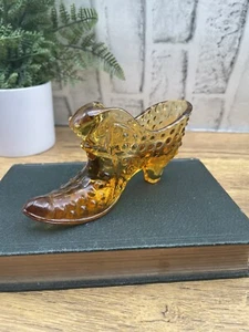 Vintage FENTON Art Glass Amber Hobnail Shoe Slipper with Cat Head 5.5" - Picture 1 of 8