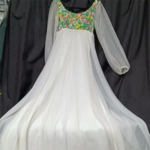Vtg jr theme Chiffon Blister Satin Sequin Dress Mod Flowers High Waist Gown S - Picture 1 of 12