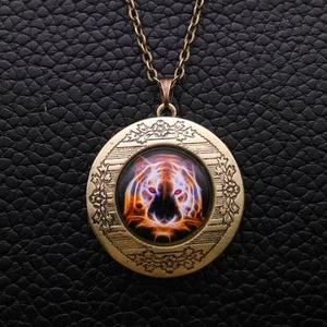 Colorful Tiger Cabochon LOCKET Pendant Bronze Chain Necklace USA Shipper #40 - Picture 1 of 3