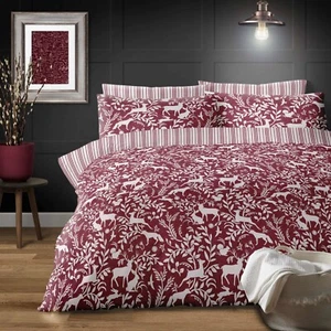 Brushed Cotton Woodland Animal Design Duvet Cover Set Berry & White Double - Picture 1 of 1