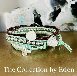 Lucky Brand Bracelets- Silver, Aqua, Brown & White Leather & Pearl Wrap Set of 2 - Picture 1 of 4