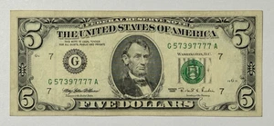 Series 1995 Old $5 Dollar Bill ~ CHICAGO ILLINOIS ~ Serial # G 57397777 A - Picture 1 of 2