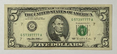 Series 1995 Old $5 Dollar Bill ~ CHICAGO ILLINOIS ~ Serial # G 57397777 A - Image 1 of 2