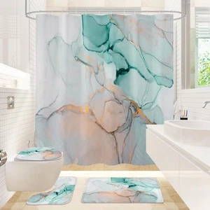 4 Pcs Bathroom Shower Curtain Set with Non-Slip Rugs, Toilet Lid Cover and Ba... - Picture 1 of 6