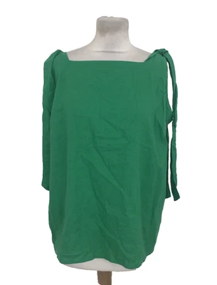 M&S Women's Blouse Size 18 Green Linen Rich Tie Strap High Square Neck Used F1 - Image 1 of 4