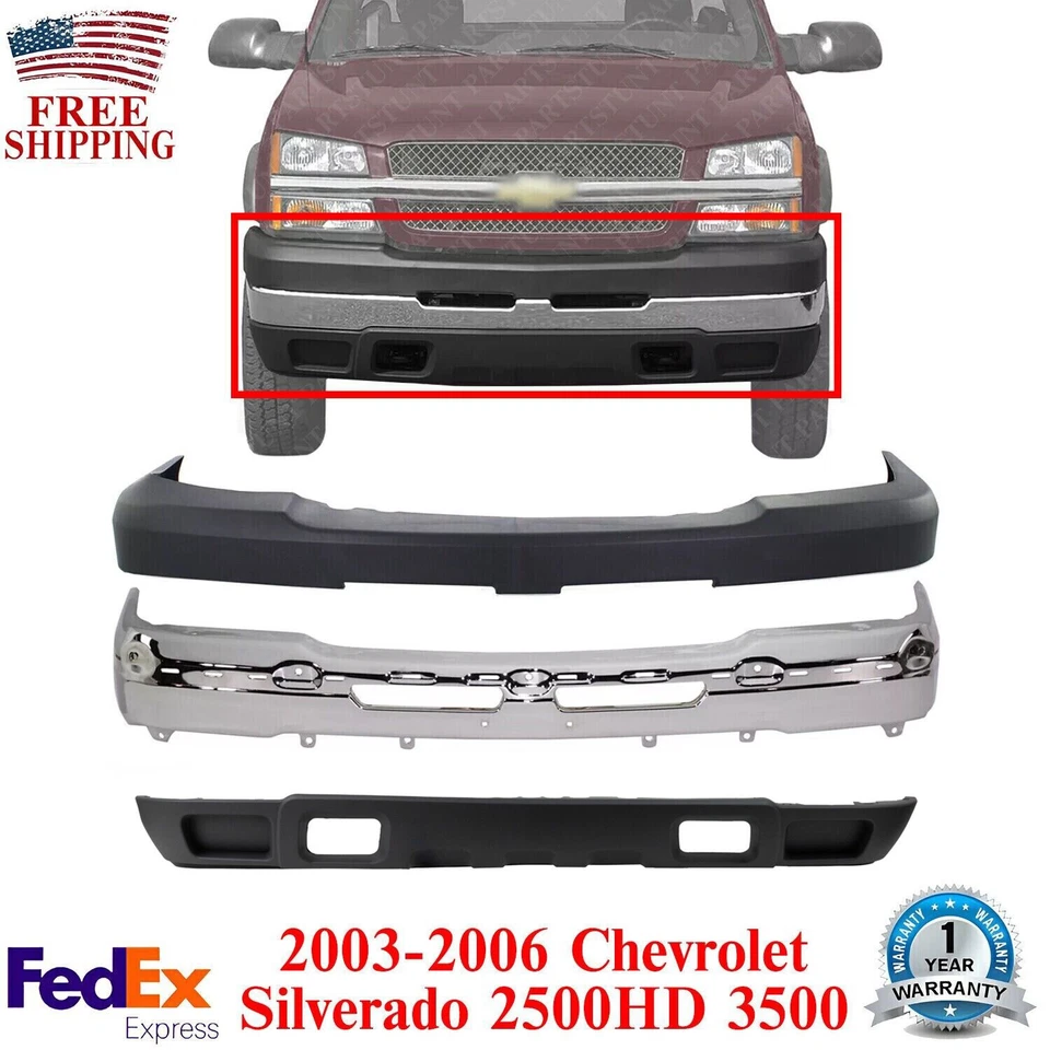 Комплект переднего бампера хромированная сталь для 2003-2006 Chevrolet Silverado 2500 HD / 3500 - Изображение 1 из 4