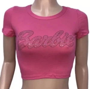 Barbie Pink Rhinestones Cropped Top S/S Stretchy Spring Break Party Crop New M - Picture 1 of 2