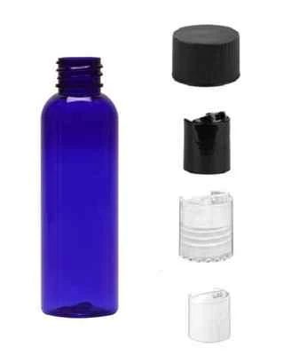 2 oz BLUE Bullet Plastic Bottle -PET- 12 bottles with BLACK RIBBED Lids freeship - Image 1 of 2