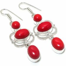 Italian Red Coral Gemstone Handmade 925 Sterling Silver Jewelry Earring 2.76 "