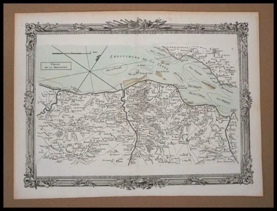 Carte maritime ancienne des cotes Honfleur, 1766, gravure originale en couleur - Photo 1/4