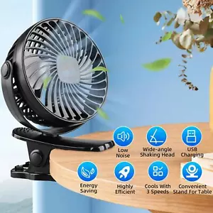 3 Speeds USB Rechargeable Mini Cooling Fan Clip On Desk Baby Stroller Portable - Picture 1 of 19