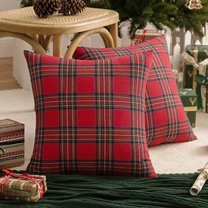 Pack of 2 Christmas Plaid Decorative Throw Pillow Covers Scottish Tartan Cushion - Picture 1 of 7