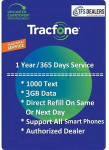 TracFone 1 rok / 365 dni + 1000 tekstu + 3 GB danych, bezpośrednie uzupełnianie, potrzebny numer - Zdjęcie 1 z 1