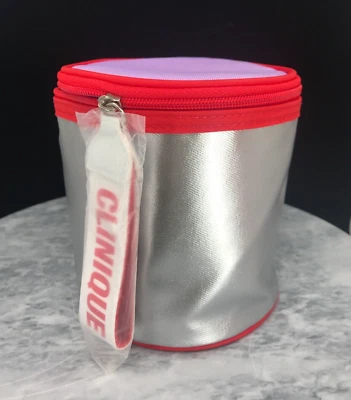 Clinique Maquillaje Cosmético Tren Estuche Cremallera Bolso Blanco/Rojo/Plateado - NUEVO Foto 1 de 4