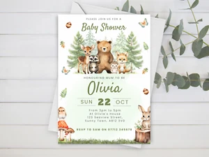 Woodland Baby Shower Invitations - Personalised Woodland Animal Invites Boy/Girl - Picture 1 of 4