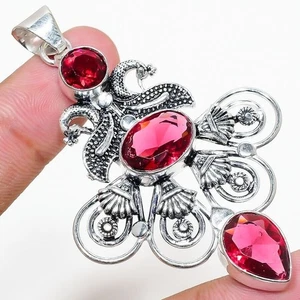 Rubellit Edelstein Handmade 925 Sterlingsilber Schmuck Anhänger Größe 6.3cm - Bild 1 von 1