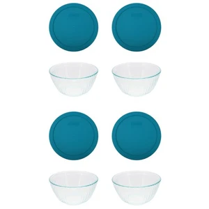 Pyrex (4) 7402 6-Cup Sculpted Glass Bowl and (4) 7402-PC Adriatic Blue Lid - Picture 1 of 3