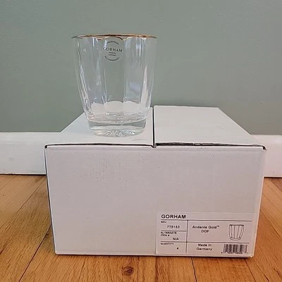 Gorham Andante Crystal Glass Gold Rim DOF Set of 4 Double Old Fashioned NIB