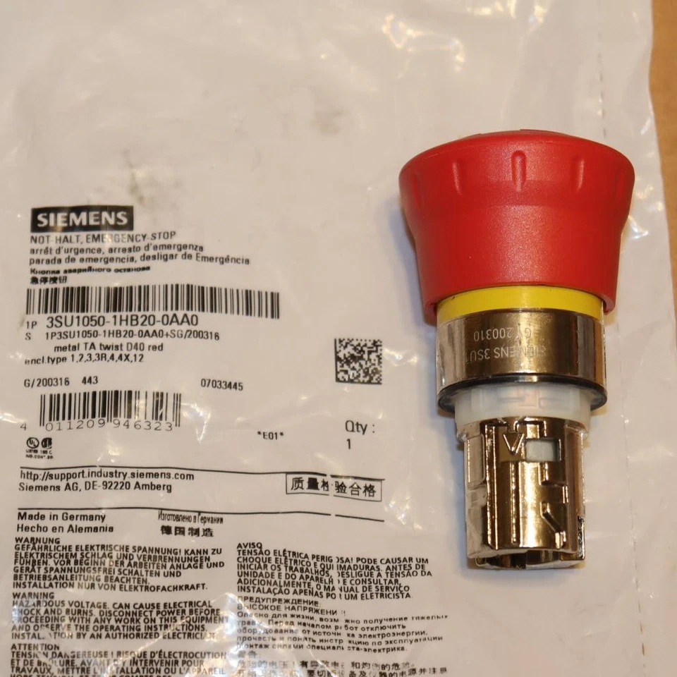 One SIEMENS 3SU1050-1HB20-0AA0 EMERGENCY STOP Mushroom Pushbutton Red More Avail Foto 1 de 1