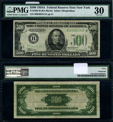 FR. 2202 B $500 1934-A Federal Reserve Note New York B-A Block PMG VF30 - Image 1 of 3