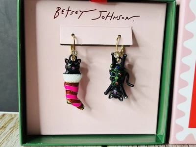 NEW In Box Betsey Johnson Cat Christmas Mismatch Drop Earrings - Image 1 of 3