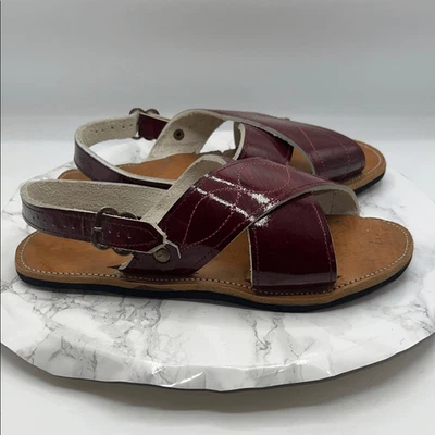 MEXICAN HANDCRAFTED Maroon Patent Leather Cruzado Huaraches Sandals-7 - Image 1 of 4