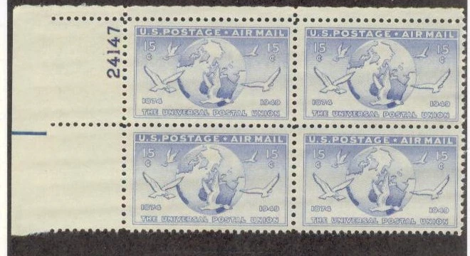 US USA Sc# C43 MNH FVF PLATE # BLOCK UPU Globe Doves Map - Image 1 of 1