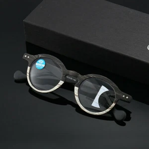Retro Round Wood Grain Anti blue light Progressive Multi-focal reading glasses - Picture 1 of 11