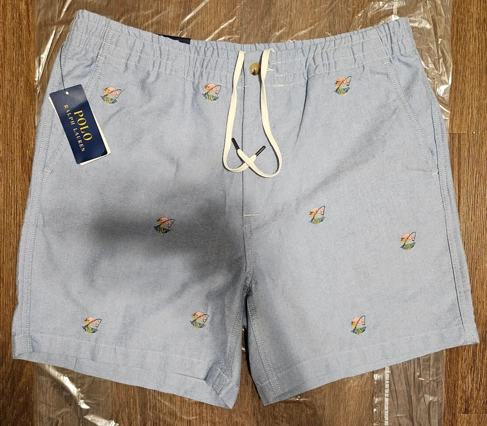 RALPH LAUREN POLO Oxford Flat Front Flamingo Logo Shorts Sz L 6"