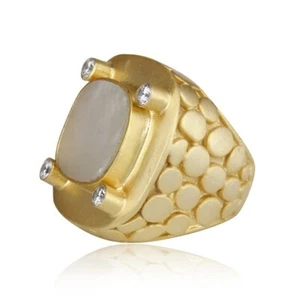 Victoria Big Gemstone Ring Gold Plated Mother of Pearl & CZ Zircon Fashion Ring - Picture 1 of 7