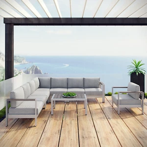 Modway Shore 7 Piece Outdoor Patio Aluminum Sectional Sofa Set in Silver Gray - Picture 1 of 9