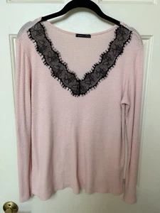 Sweet Claire Pink L/S V-neck Sweater With Black Lace Trim On Neck Med - Picture 1 of 6