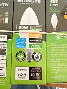 8 LOT MAXLITE FROSTED 5W/60W LED DIMMABLE CANDELABRA BULBS E12 BASE SOFT WHITE - Picture 1 of 7