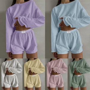 Women's Sleepwear Set Summer Homewear Long Sleeve Shorts Tops Suit Comfortable - Picture 1 of 28