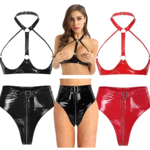 Damen Sexy Dessous Anzug Wetlook Lackleder BH Tops mit High Waist Slips Clubwear - Bild 1 von 25