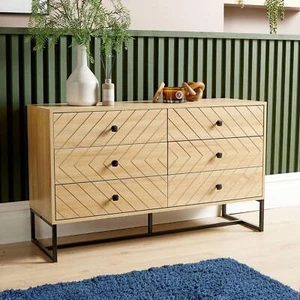 Chest 6 Drawers Aztec Design Oak Effect Metal Legs Bedroom Storage Furniture - Picture 1 of 8