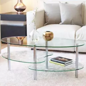 Clear Glass Oval Coffee Table 3 Tier Tempered Top Metal Frame Modern Living Room - Picture 1 of 5