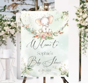 Cartel de bienvenida elefante eucalipto baby shower, telón de fondo de revelación de género, póster - Imagen 1 de 3