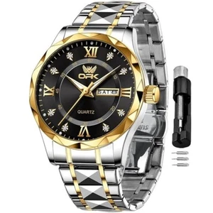 Mens Luxury Stainless Steel Gold Dial Indiglo Analog Wristwatch Quartz Watch - Picture 1 of 6
