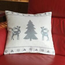 Silver / White Tapestry Festive Christmas Tree Deer Soft Cosy Filled Cushion 18"